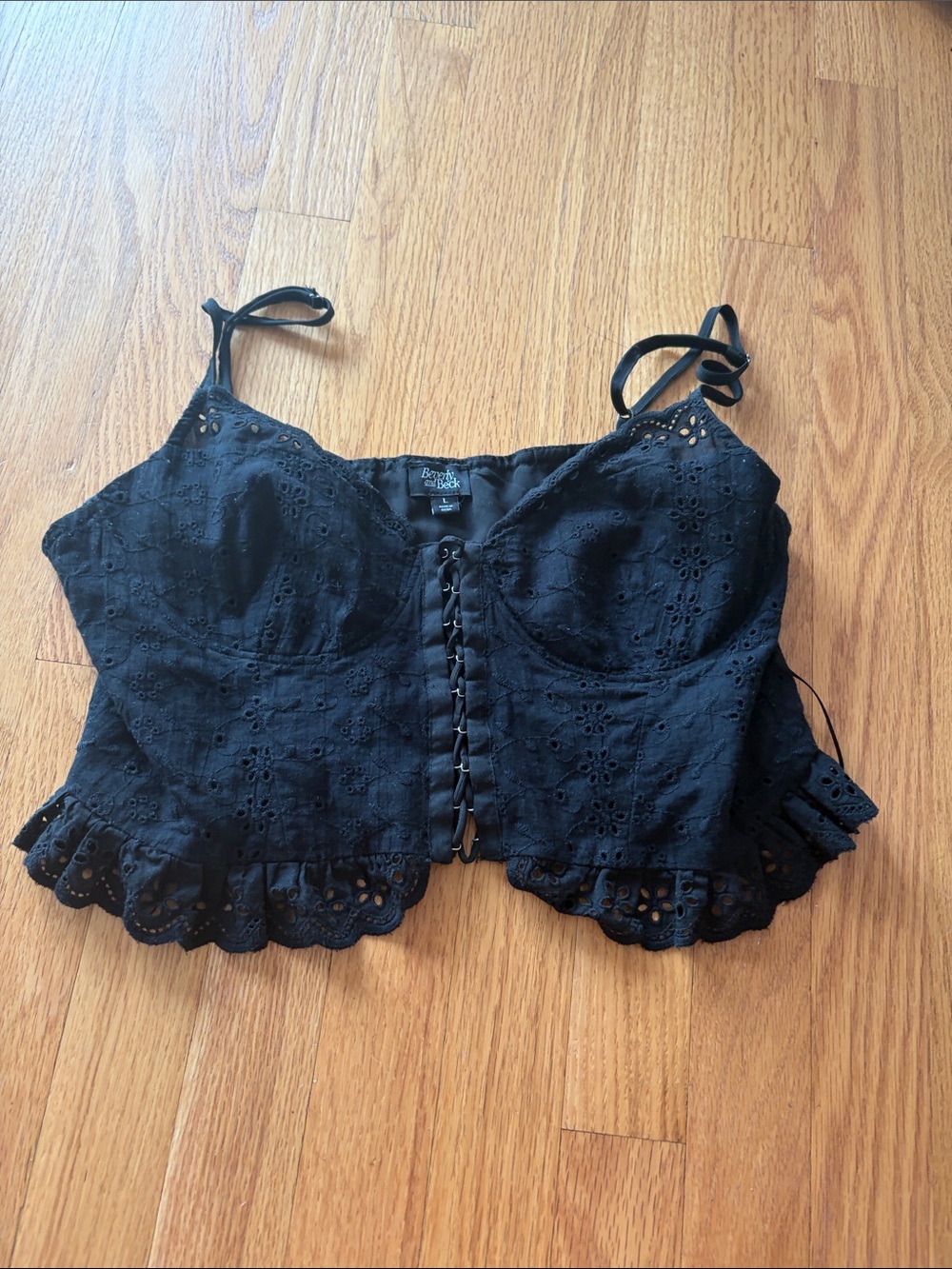 Black Eyelet Lace-Up Cropped Cami Top - Boutique Label